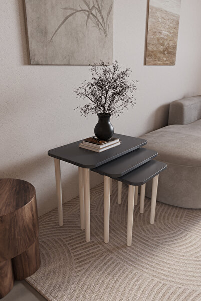 ED PET DİZAYN Dikdörtgen Zigon Sehpa 3'lü Set – Ahşap Ayaklı Modern Tasarım -...