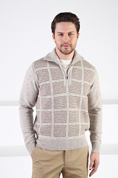 Ferraro Pulover pentru bărbați, 100% lână de miel, cu guler înalt și model pă...