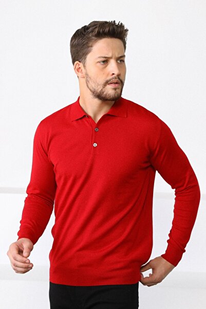 Ferraro سترة تريكو رجالية ذات ياقة بولو حمراء فائقة النعومة