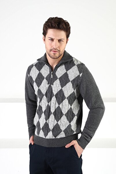 Ferraro Smoked Diamond Patterned Stand Collar 100% Lamb Wool Men's Sweater