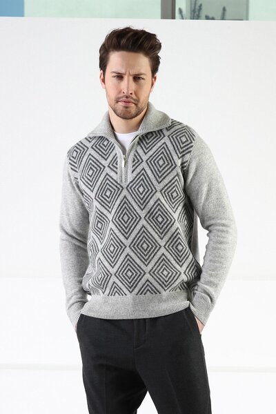 Ferraro A.Grey سترة رجالية من صوف الحملان بنسبة 100% بياقة مربعة منقوشة