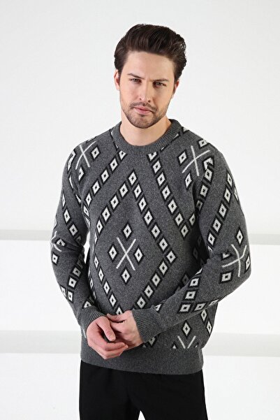 Ferraro Pulover pentru bărbați, 100% lână de miel, cu model pătrat afumat