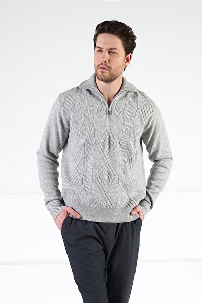 Ferraro A.Grey Self-Patterned Stand Collar 100% Lamb Wool Men's Sweater