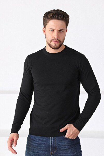 Ferraro Pulover negru pentru bărbați, cu guler rotund, din tricotaj superfin