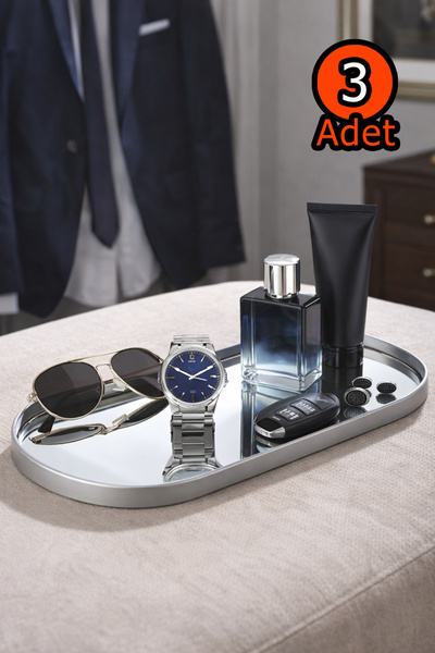 BERMİRA Home Collection 3'lü Oval Aynalı Sunumluk Altın Gold 12x30 İkramlık K...