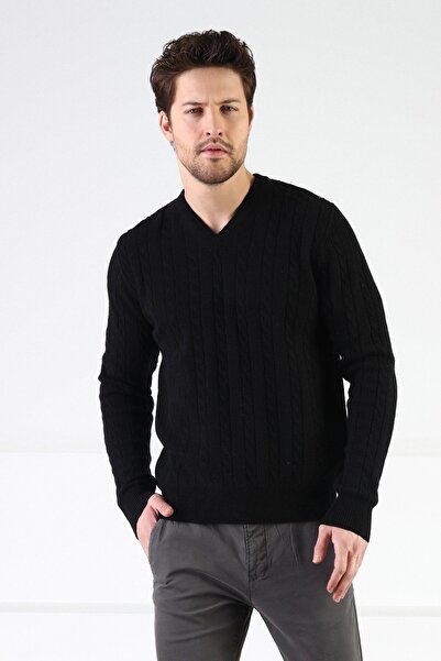 Ferraro Siyah V Yaka %100 Kuzu Yünü Erkek Kazak