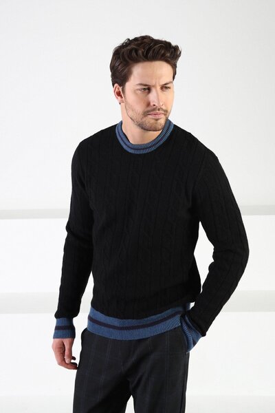 Ferraro Pulover pentru bărbați, negru/indigo, cu guler tip crew, 100% lână de...