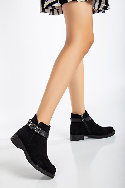 Tonny Black Kadın Siyah Süet Termo Taban Zincir Detaylı Fermuarlı Kısa Topukl...