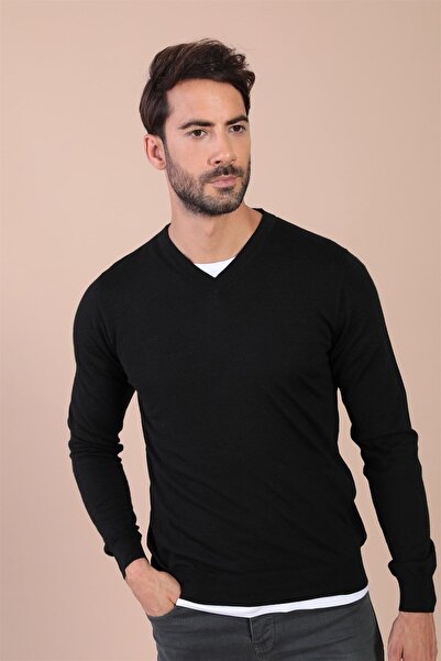 Ferraro سترة صوف فائقة النعومة برقبة على شكل حرف V - أسود