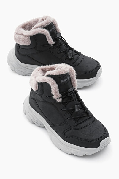 Tonny Black Çocuk Unisex Siyah Faylon Taban İçi Kürklü Lastik Bağcıklı Bot