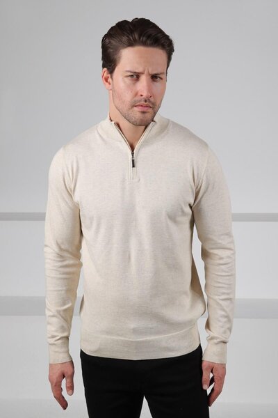 Ferraro سترة رجالية من القطن بلون واحد من Ecru ياقة مرتفعة متوسطة الطول