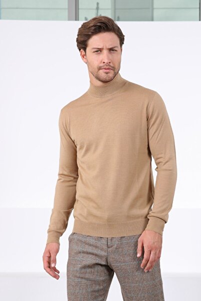 Ferraro Camel Half Fisherman Superfine Wool Men's Knitwear Sweater