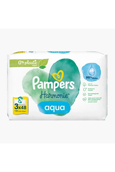Pampers Șervețele umede Harmonie Aqua, 0% plastic, 3 pachete x 48, 144 buc