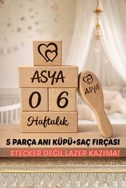 fikirstore İsme Özel 5'li Anne Bebek Anı Küpleri & Doğal Keçi Kılı Saç Fırças...