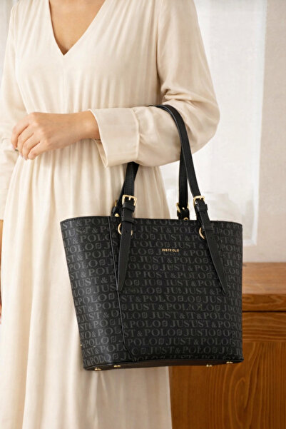 Just Polo حقيبة يد وكتف نسائية باللون الأسود مكونة من 4 أقسام - BD2205