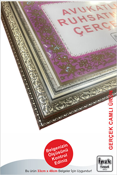 İpek Sanatsal Avukatlık Ruhsatname Çerçevesi Gümüş Varaklı - 33x48 - Hakiki C...