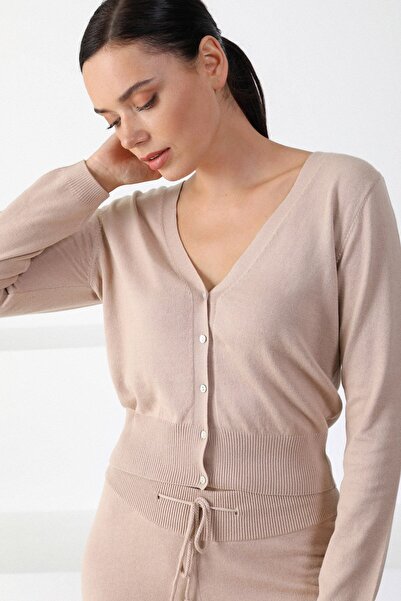 Ferraro Nougat V Yaka Düğmeli Kadın Triko Hırka