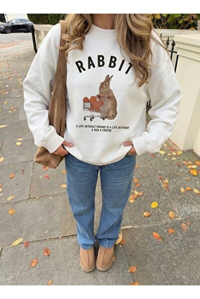 Disante Hanorac oversize pentru femei cu imprimeu de iepure – decolteu crew, ...