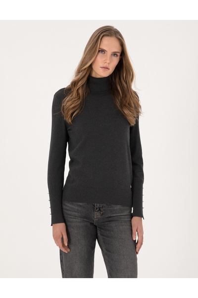 Pierre Cardin Ανθρακί Πουλόβερ Στενής Γραμμής με Λαιμόκοψη Κουκούλα Βασικής Σ...