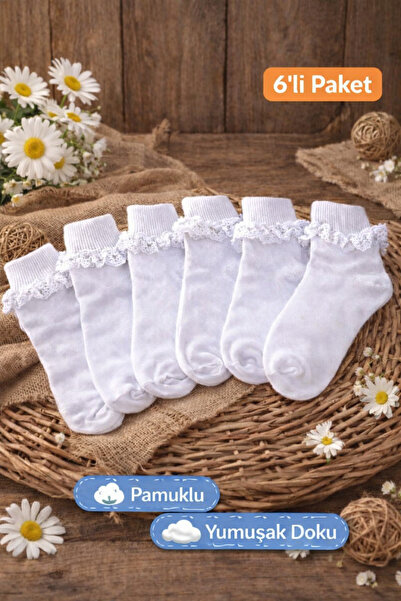 KAŞE ÇORAPLARİ Kız Çocuk Beyaz Dantelli Çift Kıvrıklı Çorap 6 lı