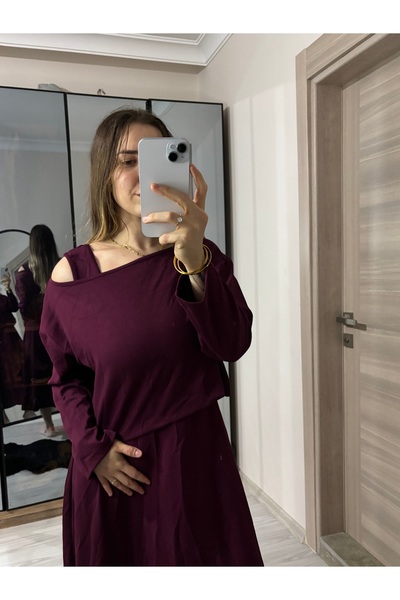 ELA Modal Kumaş Bordo Croplu Elbise Takım
