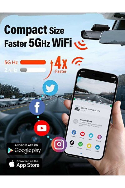 MOGODA Cameră auto inteligentă 4K WiFi, înregistrare 170°, rezoluție 4K UHD 3840x2160, vedere nocturnă, senzor G.