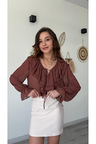 modadagiyim Γυναικεία μπλούζα πουκάμισο σιφόν με κορδόνια και λεπτομέρεια με ...