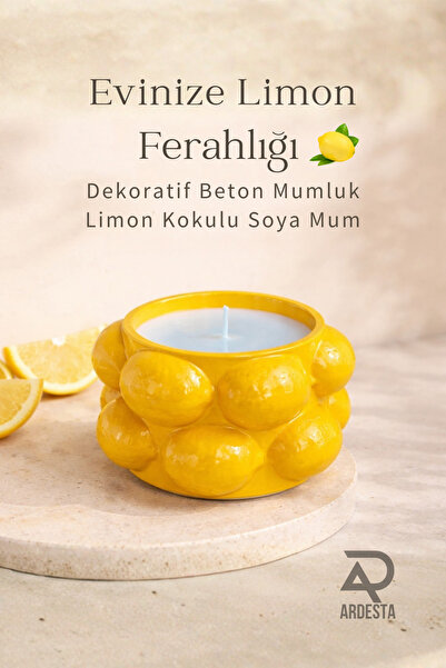 ardesta Seramik Görünümlü Limon Desenli Mumluk | Limon Kokulu Soya Mum, Dekor...