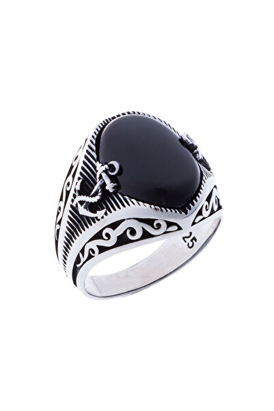 NAGISS 925 Ayar Gümüş Oniks Taşlı Çapa Detaylı İşlemeli Yüzük