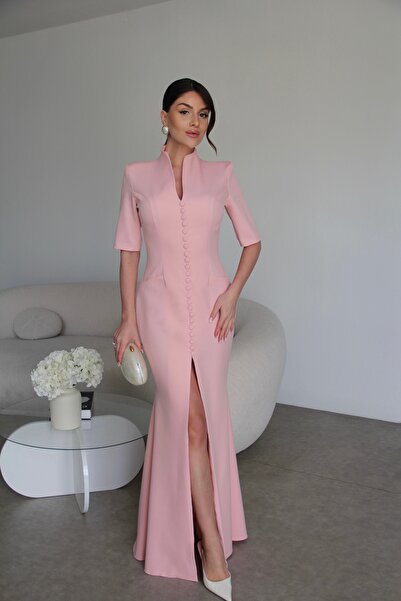 Julidress Set lung maxi premium, roz, căptușit, cu nasturi, decolteu în V și ...