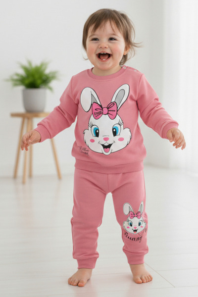 voyyo kids baby Kız Bebek Mevsimlik Uzun Kollu Sevimli Tavşan Baskılı Sweathi...