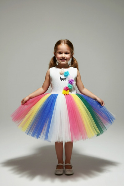 Seplin Fashion Unicorn kostüm.Kız Çocuk Renkli Tütü Etekli Çiçek Detaylı Part...