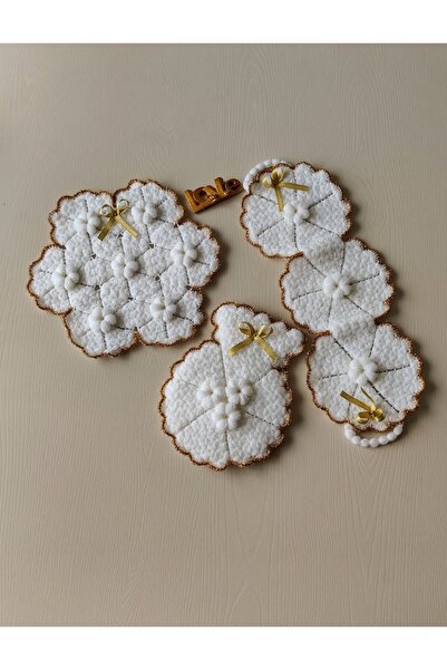 Meyra Home Çeyizlik El Örgüsü Puf Çiçekli Gold Simli 3'lü Lif Seti