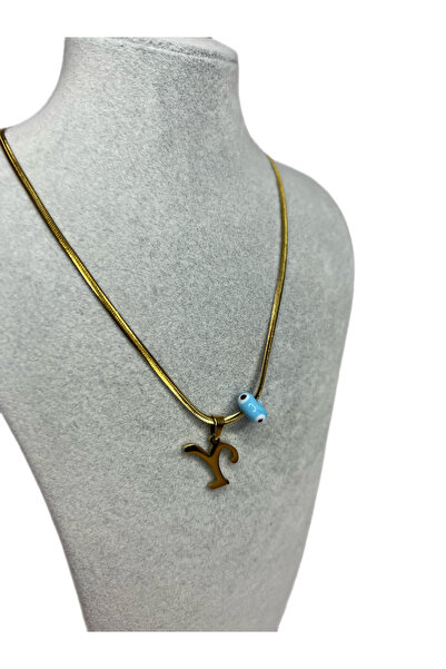 GÜLNAR BİJUTERİ Snake Chain with Evil Eye Beads -Y- Letter Pendant- Gold 316L...