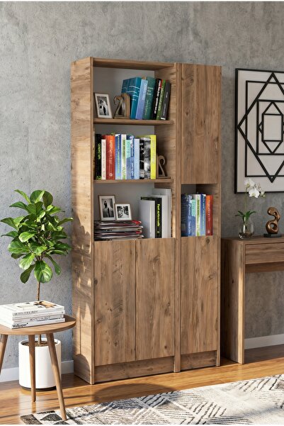 YETİ MOBİLYA Flat85 Kitaplık 4 Kapaklı Kütüphane Çok Amaçlı Dolap Çam