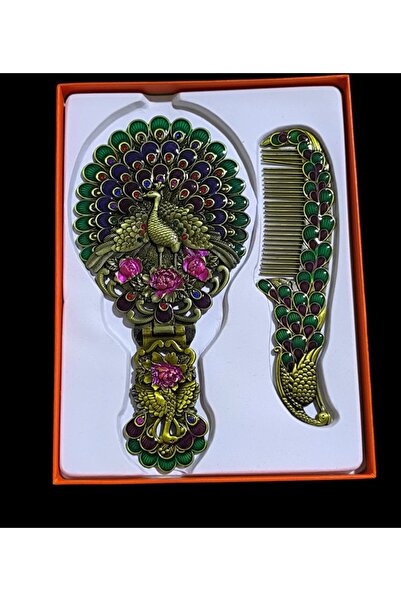 U&M HEDİYELİK Tavuskuşu Desenli El Aynası & Tarak Takımı Büyük Boy – Taşlı, Ş...