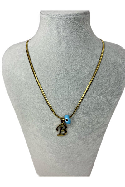 GÜLNAR BİJUTERİ Snake Chain with Evil Eye Beads -B- Letter Pendant- Gold 316L...