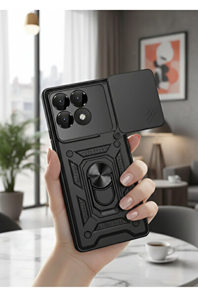 TechTrove Xiaomi Poco F6 Pro Kılıf Magnetik Standlı Sürgülü Kamera Korumalı T...