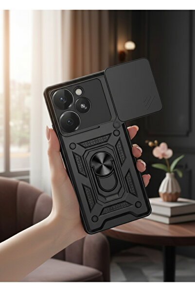 Hatreds Xiaomi Poco F6 Kılıf Magnetik Standlı Sürgülü Kamera Korumalı TPU Tan...