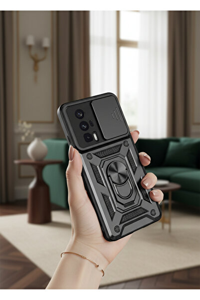 Hatreds Xiaomi Poco F5 Pro Kılıf Magnetik Standlı Sürgülü Kamera Korumalı TPU...