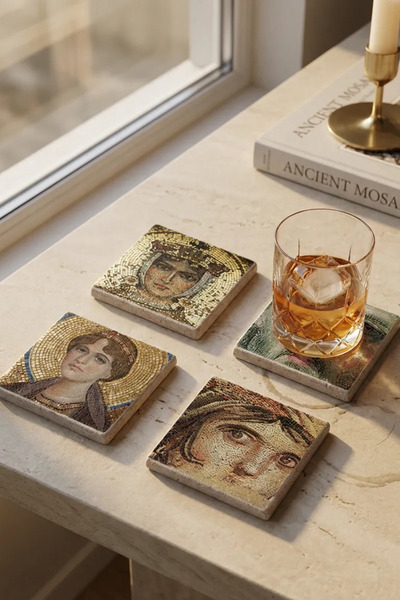 Baumatelier Zeugma Mosaic, Gypsy Girl Mosaic Themed Natural Stone Travertine Coasters Set of 4