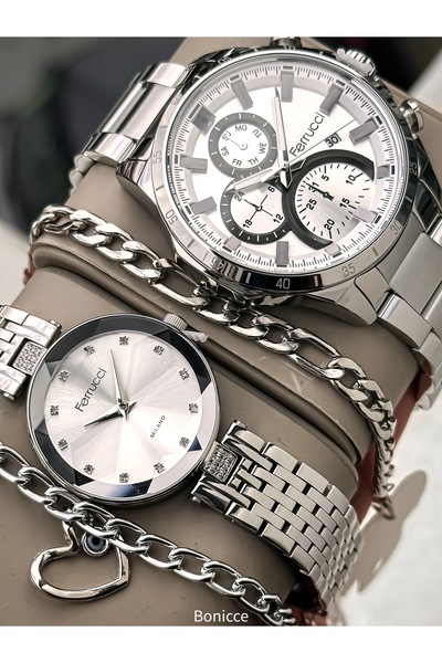 Ferrucci Marka Gümüş Renk Çelik Kordon, Beyaz Kadran Sevgili Çift Kol Saatler...