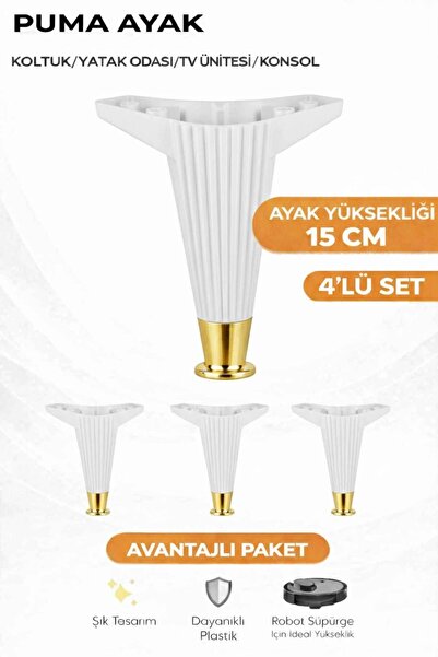 İMT AKSESUAR Puma 15 Cm 4 Adet Beyaz-Altın Robot Süpürge Uyumlu Mobilya Kanep...