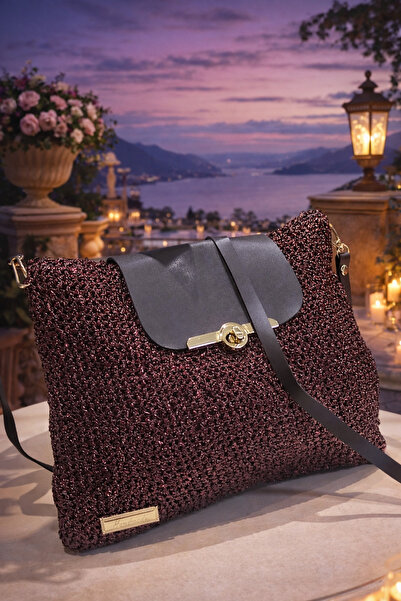 Handmade BereketHome Design: Mürdüm Simli Örgü & Deri Kapaklı Omuz Çantası - ...