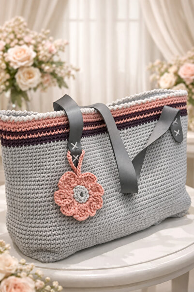 Handmade BereketHome Design: El Örgüsü Gri Deri Saplı Tote Çanta - Mıknatıs K...