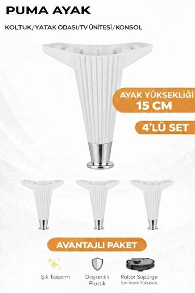 İMT AKSESUAR Puma 15 Cm 4 adet Beyaz-Krom Robot Süpürge Uyumlu Mobilya Kanepe...