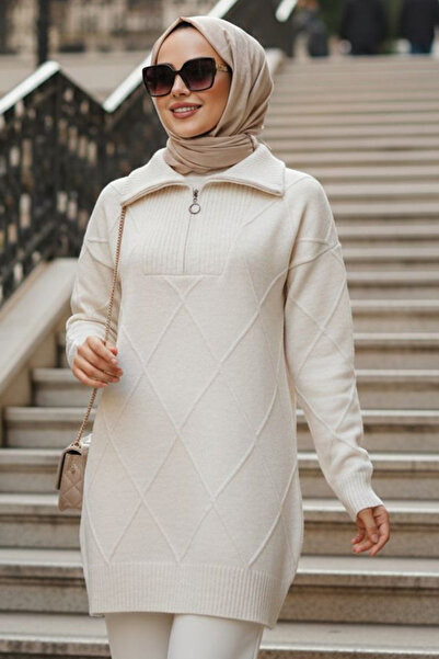 N.S NEVA STYLE Baklava Detaylı Bej Tesettür Triko Kazak Tunik 83961BEJ