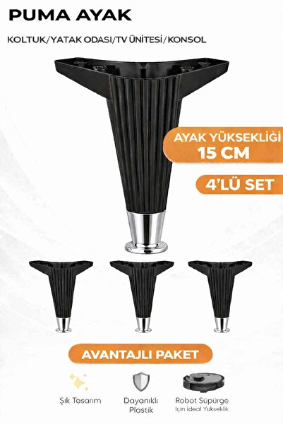 İMT AKSESUAR Puma 15 Cm 4 ADET SİYAH -KROM Robot Süpürge Uyumlu Mobilya Kanep...