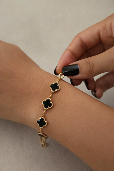 Accessories 925 Ayar Gümüş Altın Kaplama Siyah Yonca Bileklik Şans Getiren Ka...