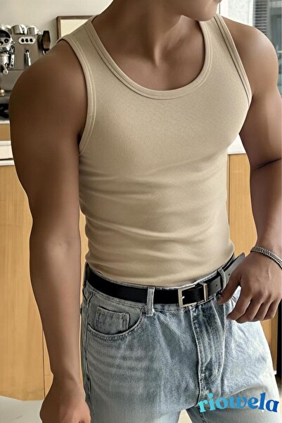 Riowela Men's Tshirt Athlete Stretch Fabric Cotton Trend Beige Undershirt